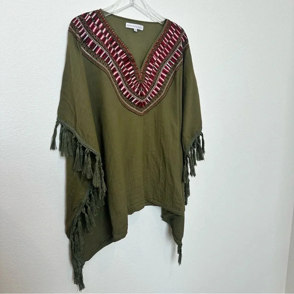 Christophe Sauvat Annie Boho Embroidered‎ Green Poncho With Fringe OS - Picture 2 of 6